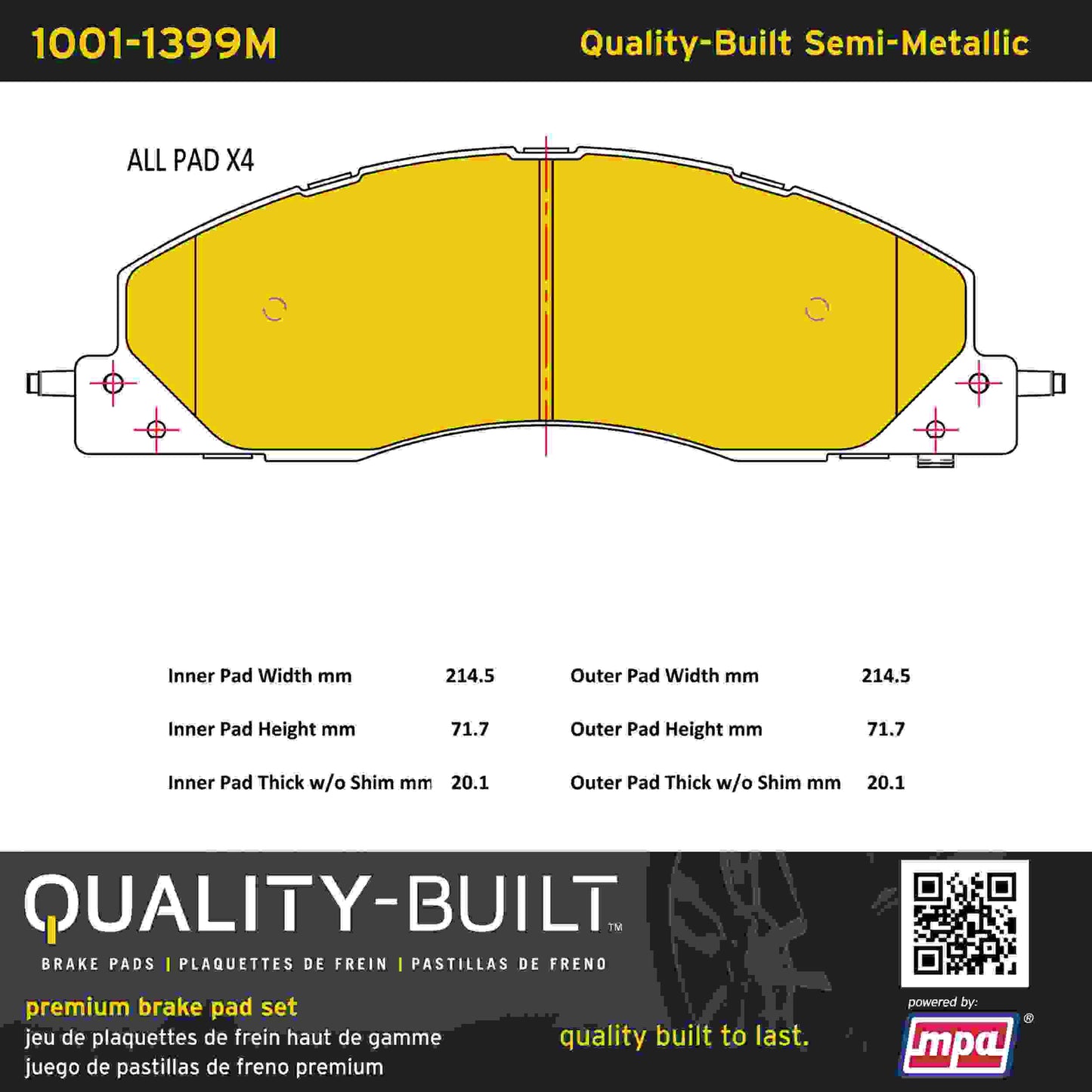 Quality-Built Quality-Built Premium Semi-Metallic Brake Pads w/ Hardware 1001-1399M