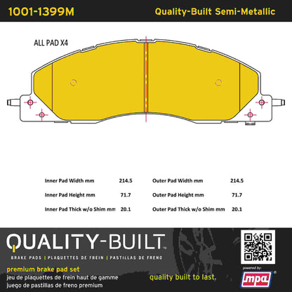 Quality-Built Quality-Built Premium Semi-Metallic Brake Pads w/ Hardware 1001-1399M