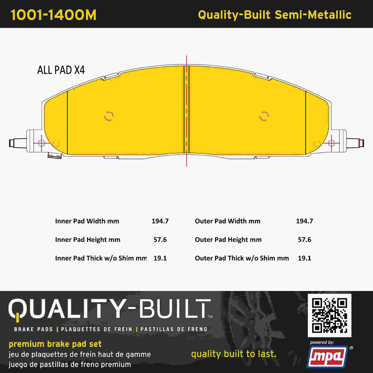Quality-Built Quality-Built Premium Semi-Metallic Brake Pads w/ Hardware 1001-1400M