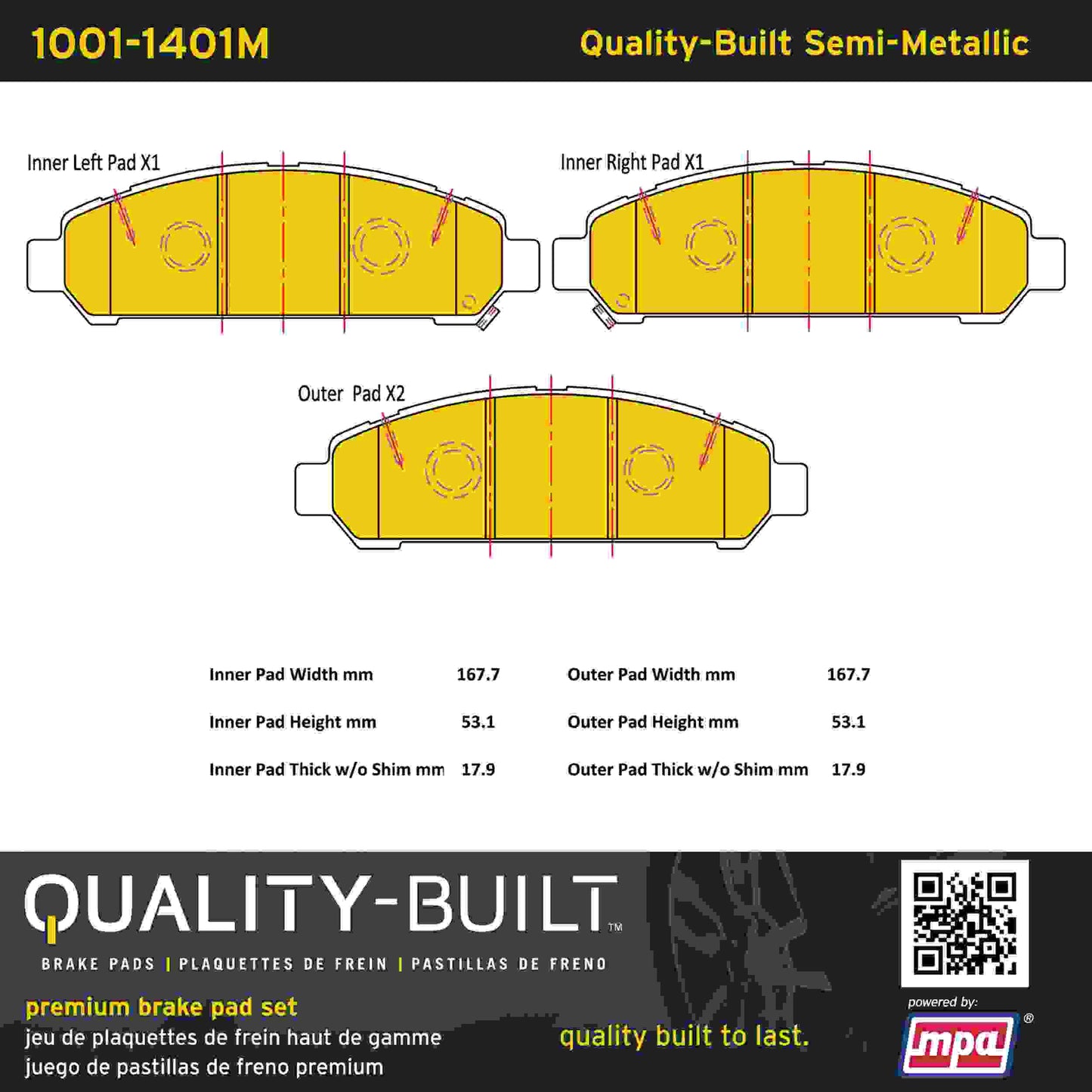Quality-Built Quality-Built Premium Semi-Metallic Brake Pads w/ Hardware 1001-1401M