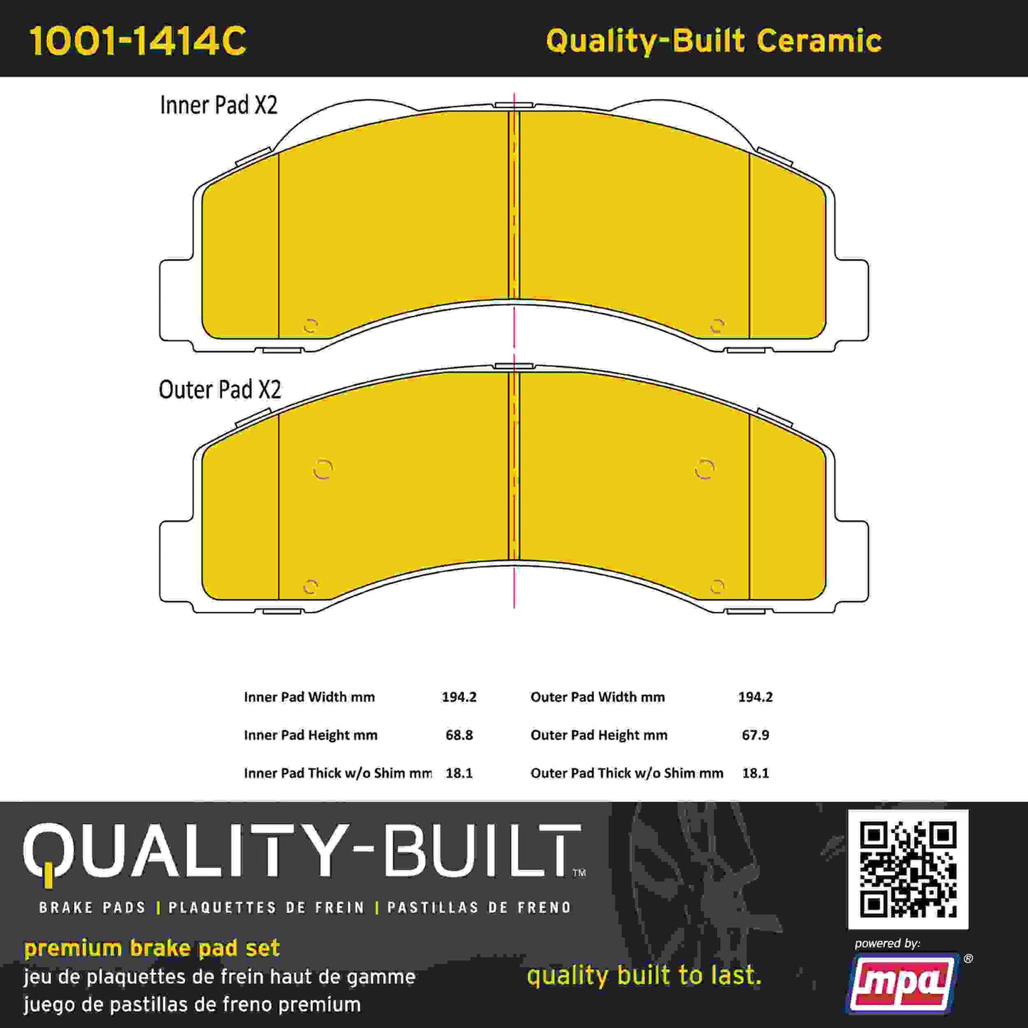 Quality-Built Quality-Built Premium Ceramic Brake Pads w/ Hardware 1001-1414C