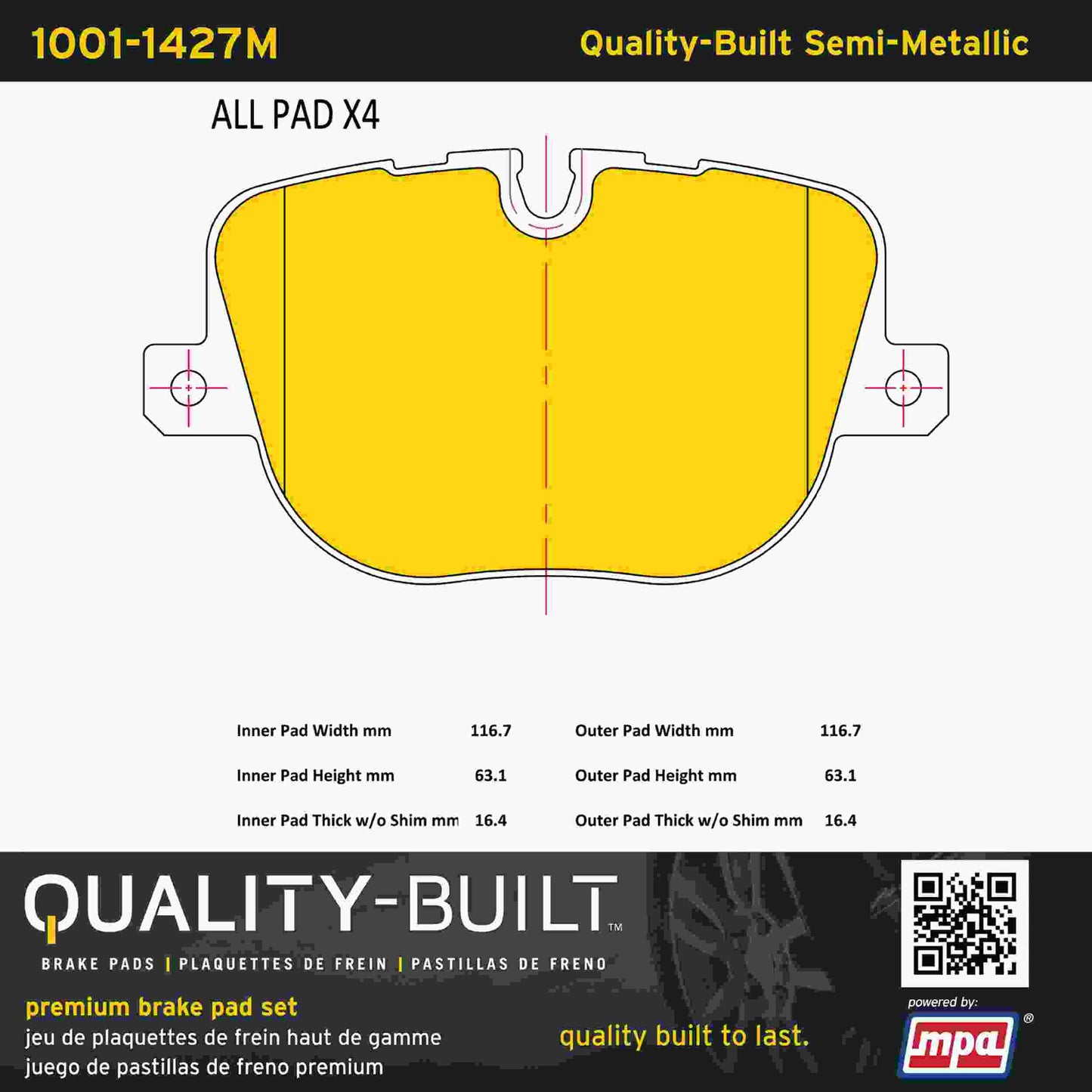 Quality-Built Quality-Built Premium Semi-Metallic Brake Pads w/ Hardware 1001-1427M