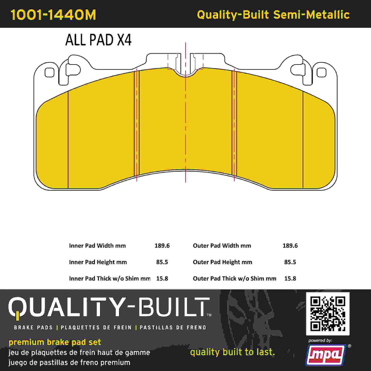 Quality-Built Quality-Built Premium Semi-Metallic Brake Pads w/ Hardware 1001-1440M