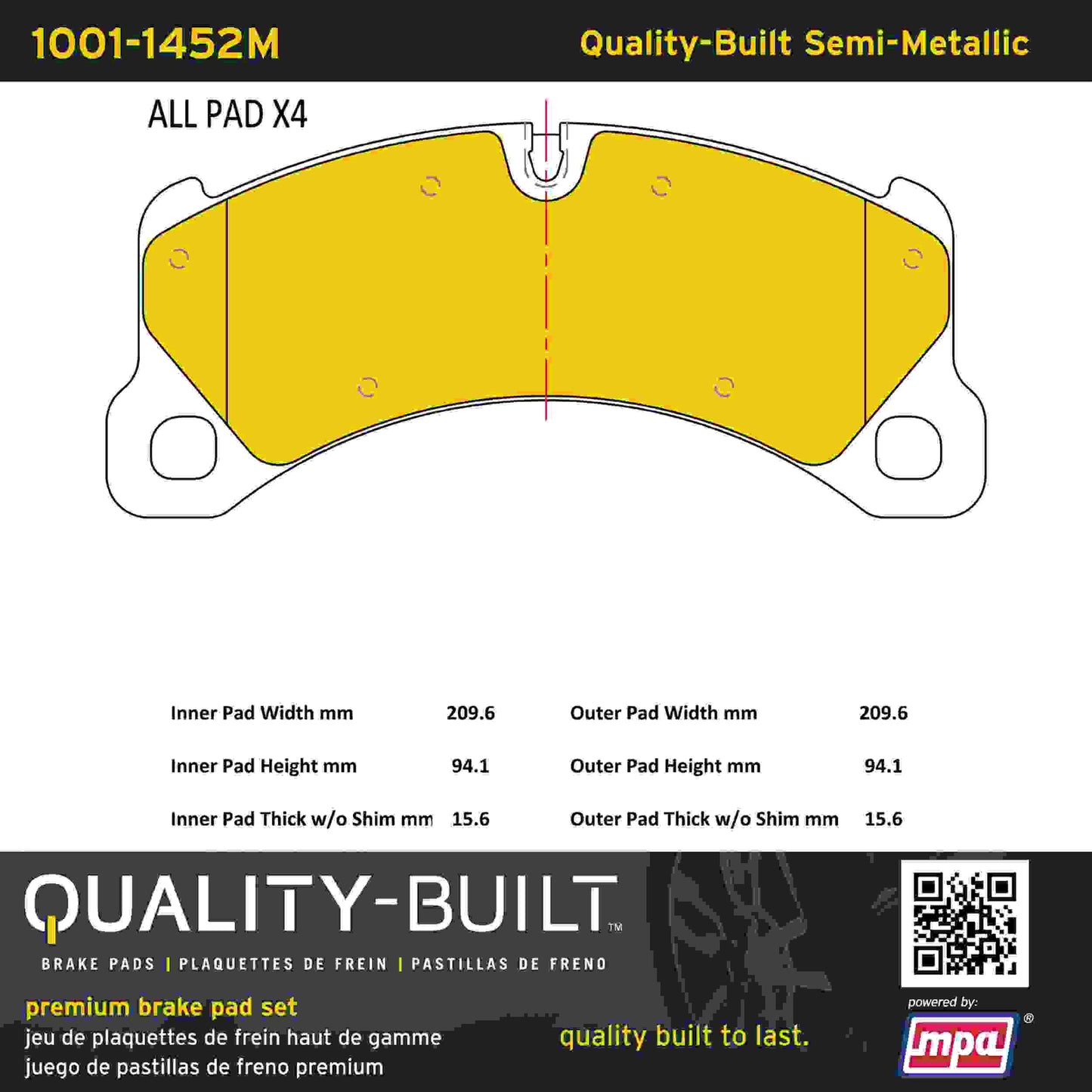 Quality-Built Quality-Built Premium Semi-Metallic Brake Pads w/ Hardware 1001-1452M