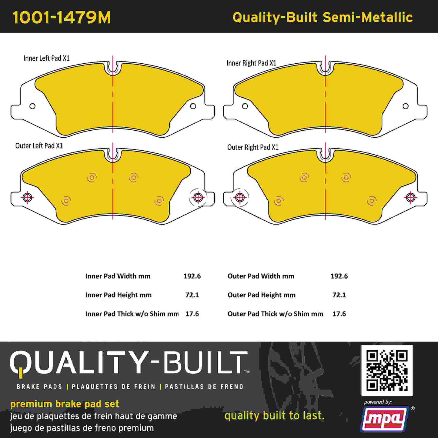 Quality-Built Quality-Built Premium Semi-Metallic Brake Pads w/ Hardware 1001-1479M
