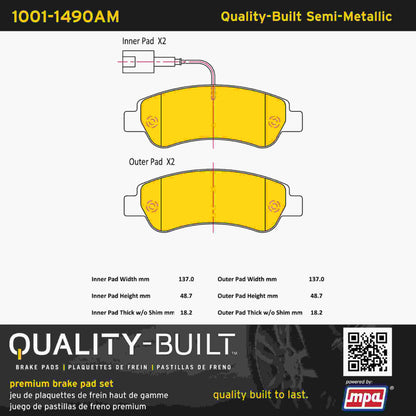 Quality-Built Quality-Built Premium Semi-Metallic Brake Pads 1001-1490AM