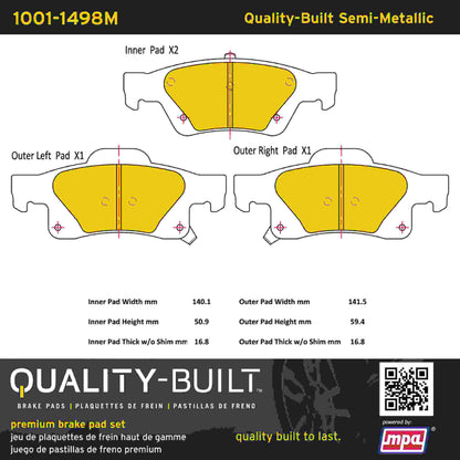Quality-Built Quality-Built Premium Semi-Metallic Brake Pads w/ Hardware 1001-1498M