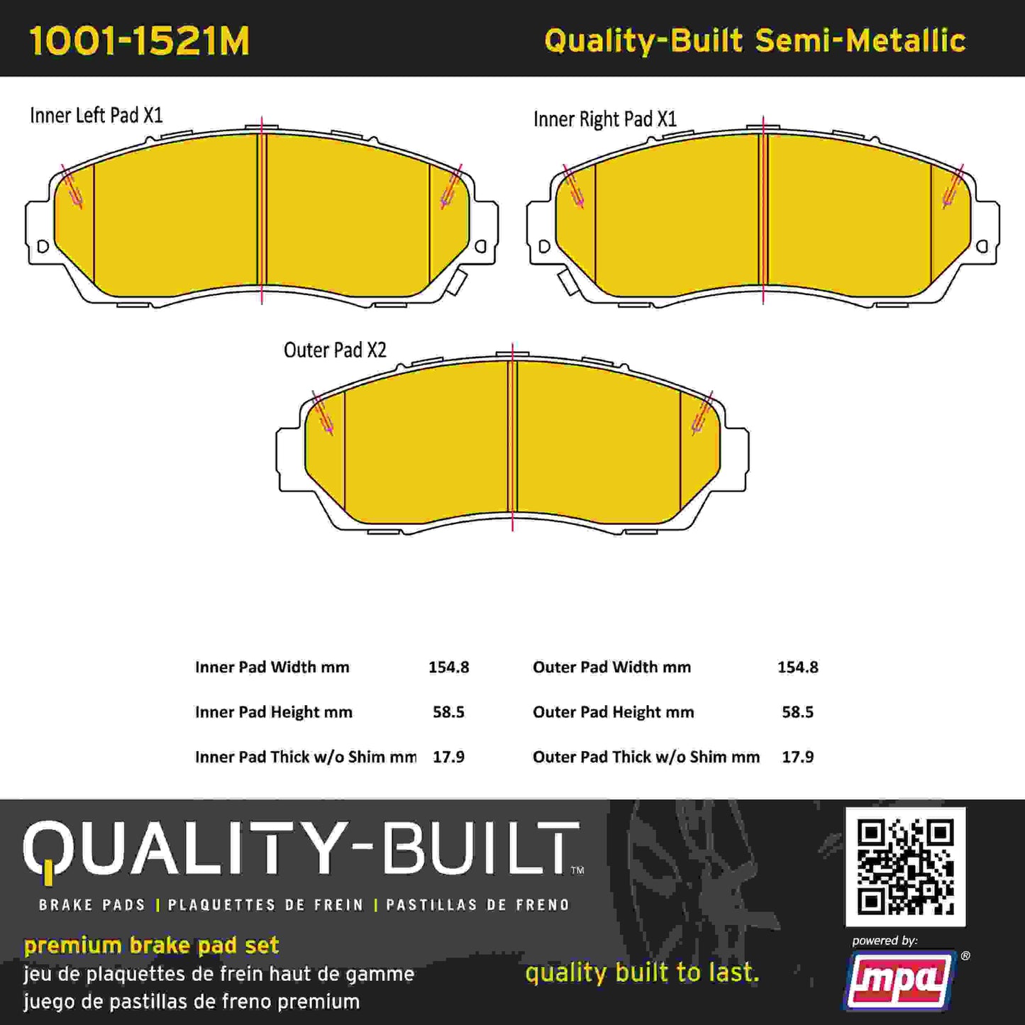 Quality-Built Quality-Built Premium Semi-Metallic Brake Pads w/ Hardware 1001-1521M