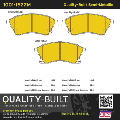 Quality-Built Quality-Built Premium Semi-Metallic Brake Pads w/ Hardware 1001-1522M