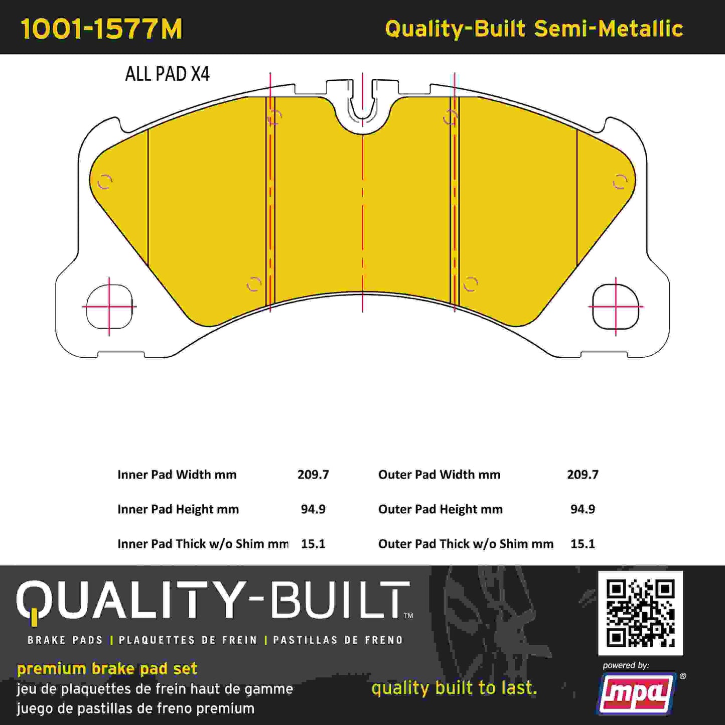Quality-Built Quality-Built Premium Semi-Metallic Brake Pads w/ Hardware 1001-1577M