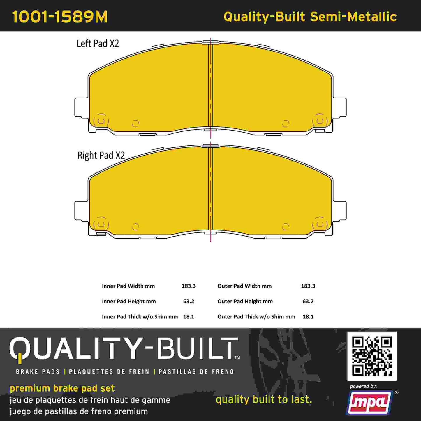 Quality-Built Quality-Built Premium Semi-Metallic Brake Pads w/ Hardware 1001-1589M