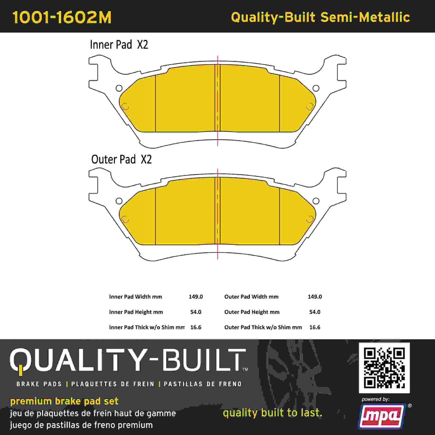 Quality-Built Quality-Built Premium Semi-Metallic Brake Pads w/ Hardware 1001-1602M