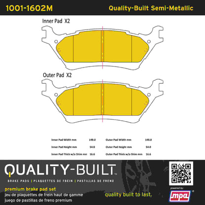 Quality-Built Quality-Built Premium Semi-Metallic Brake Pads w/ Hardware 1001-1602M