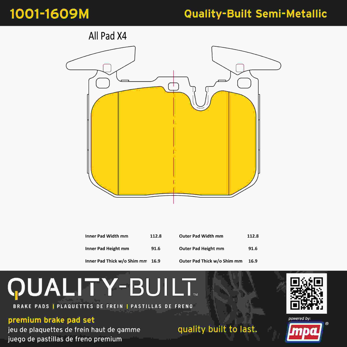 Quality-Built Quality-Built Premium Semi-Metallic Brake Pads w/ Hardware 1001-1609M