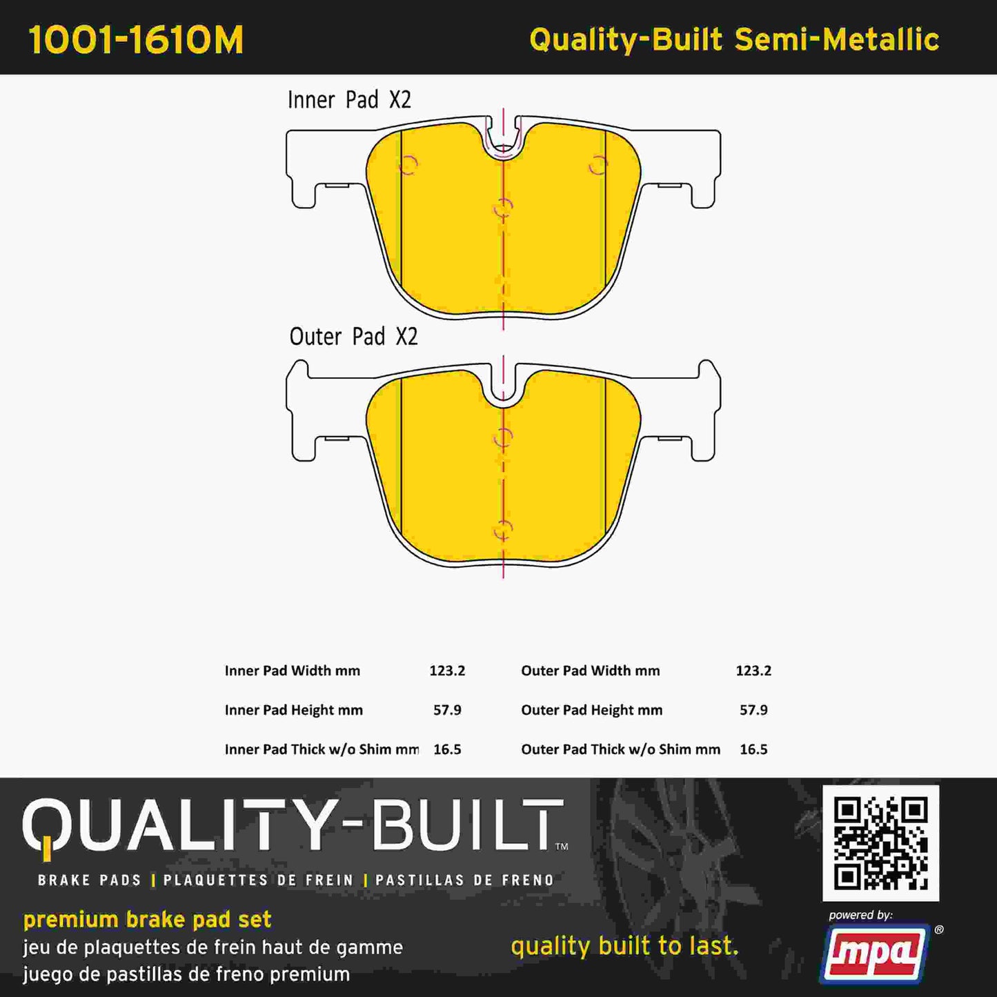 Quality-Built Quality-Built Premium Semi-Metallic Brake Pads w/ Hardware 1001-1610M