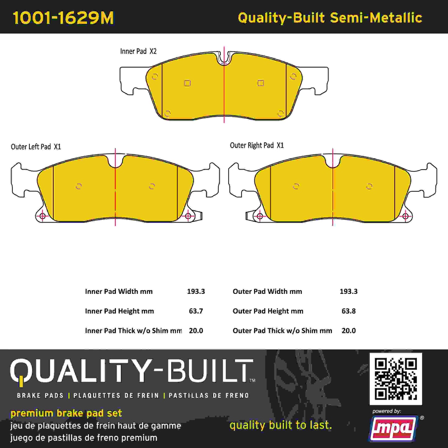 Quality-Built Quality-Built Premium Semi-Metallic Brake Pads w/ Hardware 1001-1629M