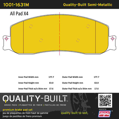 Quality-Built Quality-Built Premium Semi-Metallic Brake Pads w/ Hardware 1001-1631M