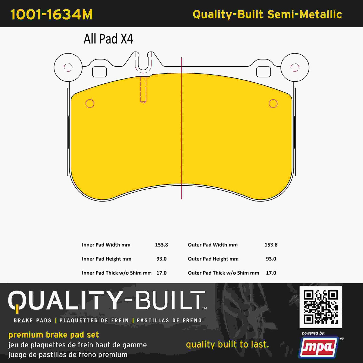 Quality-Built Quality-Built Premium Semi-Metallic Brake Pads w/ Hardware 1001-1634M