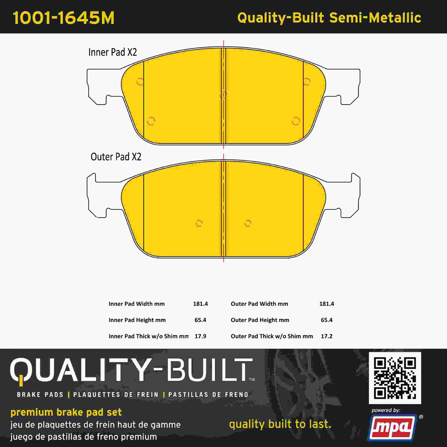 Quality-Built Quality-Built Premium Semi-Metallic Brake Pads w/ Hardware 1001-1645M