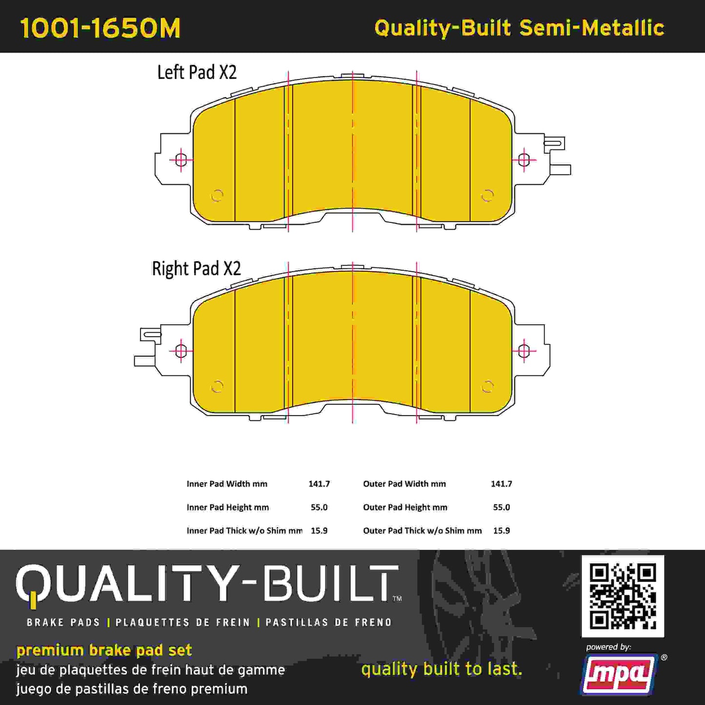 Quality-Built Quality-Built Premium Semi-Metallic Brake Pads w/ Hardware 1001-1650M