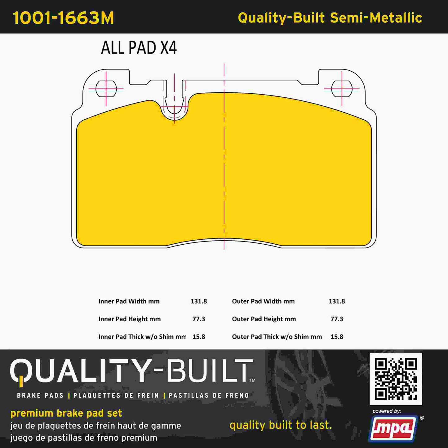 Quality-Built Quality-Built Premium Semi-Metallic Brake Pads w/ Hardware 1001-1663M