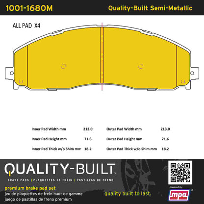 Quality-Built Quality-Built Premium Semi-Metallic Brake Pads w/ Hardware 1001-1680M