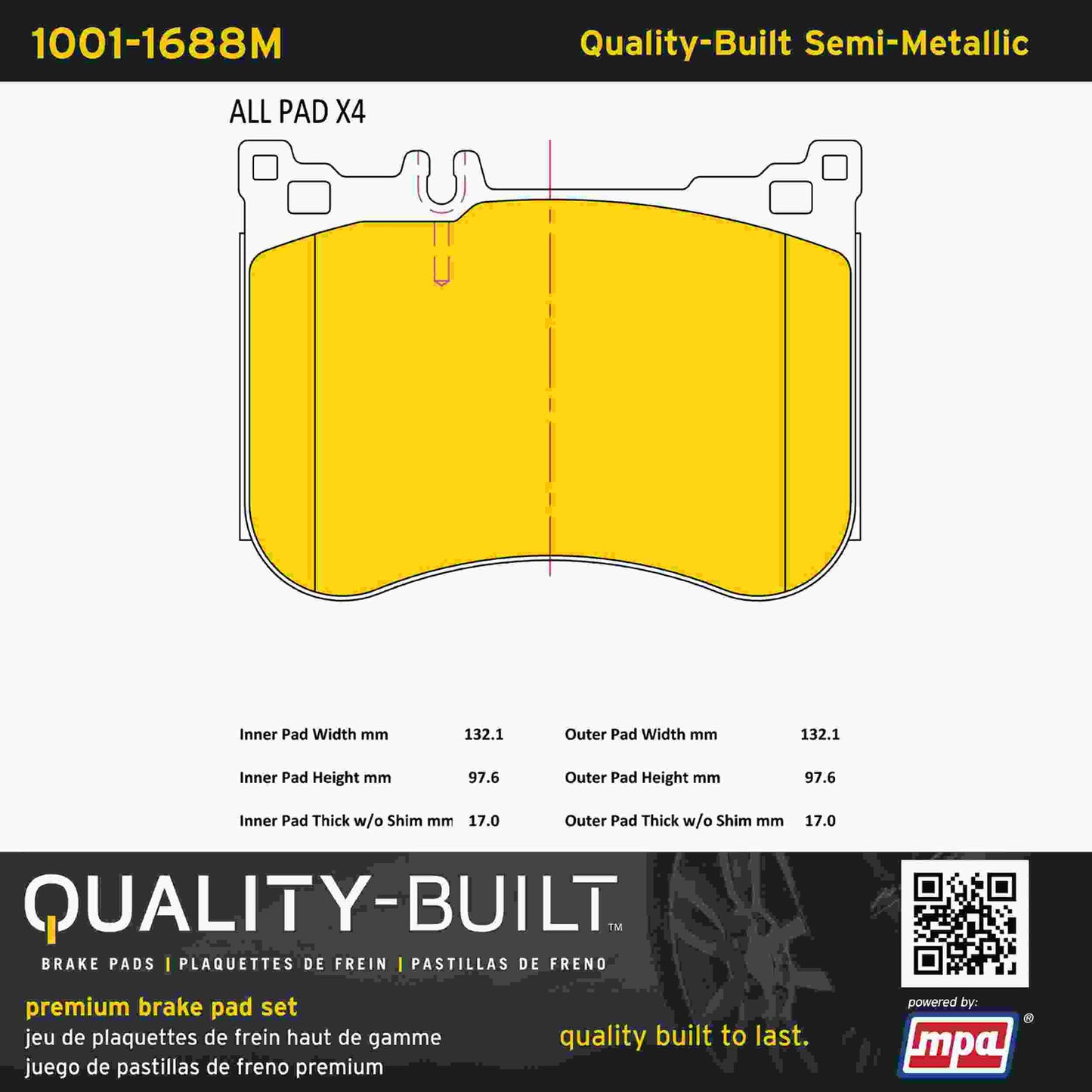 Quality-Built Quality-Built Premium Semi-Metallic Brake Pads w/ Hardware 1001-1688M