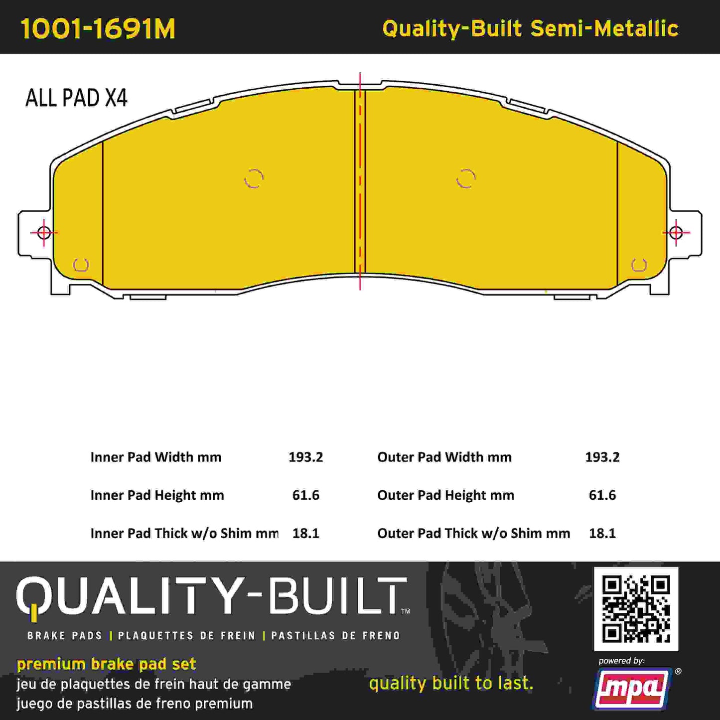 Quality-Built Quality-Built Premium Semi-Metallic Brake Pads w/ Hardware 1001-1691M
