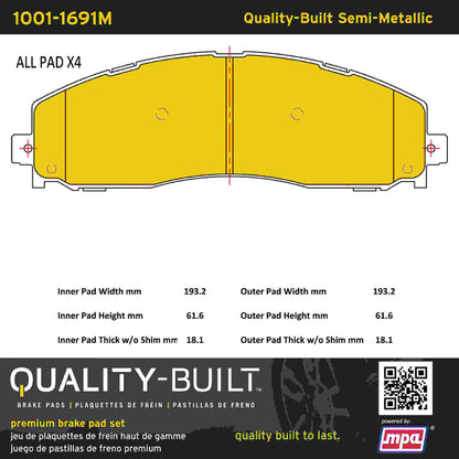 Quality-Built Quality-Built Premium Semi-Metallic Brake Pads w/ Hardware 1001-1691M