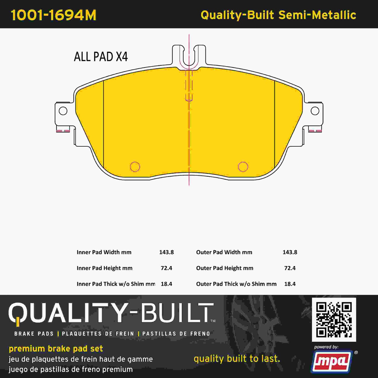 Quality-Built Quality-Built Premium Semi-Metallic Brake Pads w/ Hardware 1001-1694M