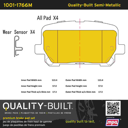 Quality-Built Quality-Built Premium Semi-Metallic Brake Pads w/ Hardware 1001-1766M