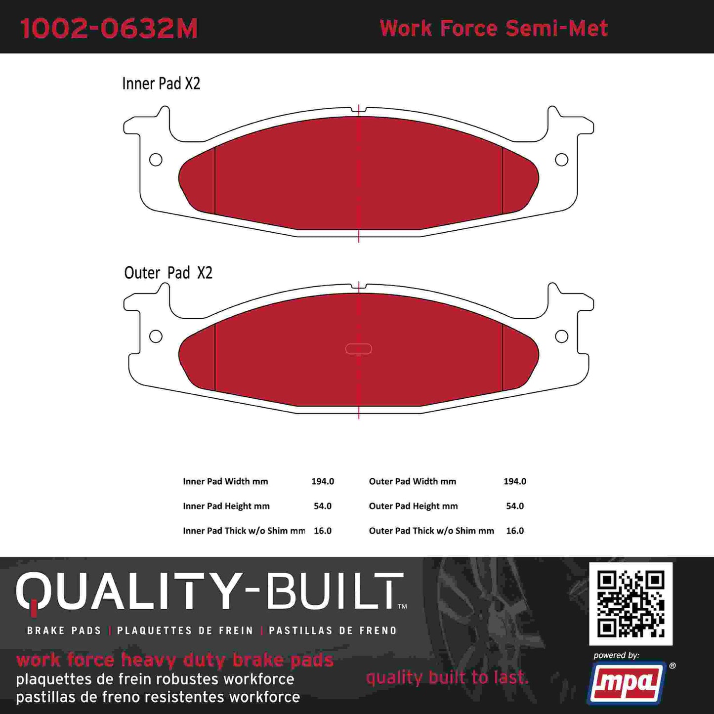 Quality-Built Quality-Built Work Force Heavy Duty Brake Pads w/ Hardware 1002-0632M