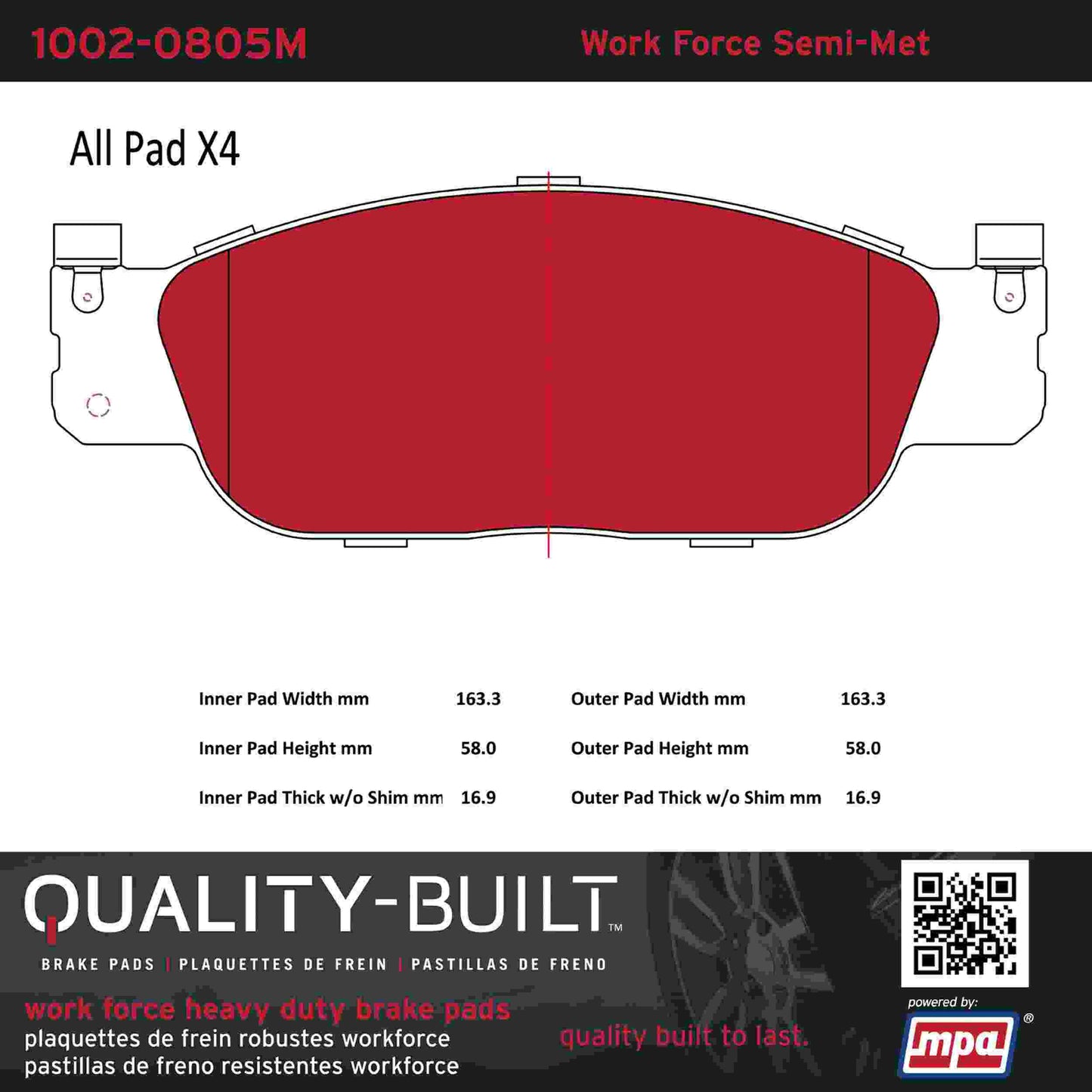 Quality-Built Quality-Built Work Force Heavy Duty Brake Pads w/ Hardware 1002-0805M