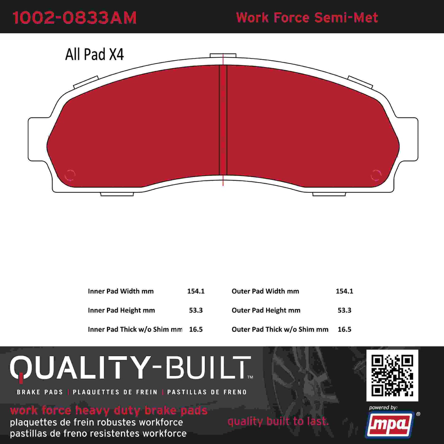 Quality-Built Quality-Built Work Force Heavy Duty Brake Pads w/ Hardware 1002-0833AM