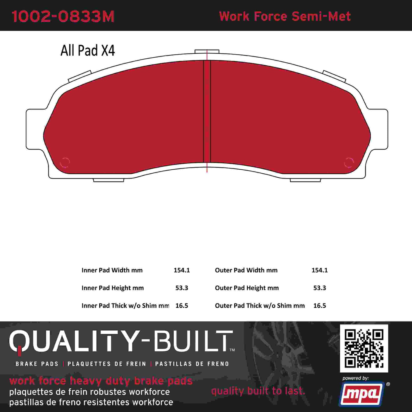 Quality-Built Quality-Built Work Force Heavy Duty Brake Pads w/ Hardware 1002-0833M