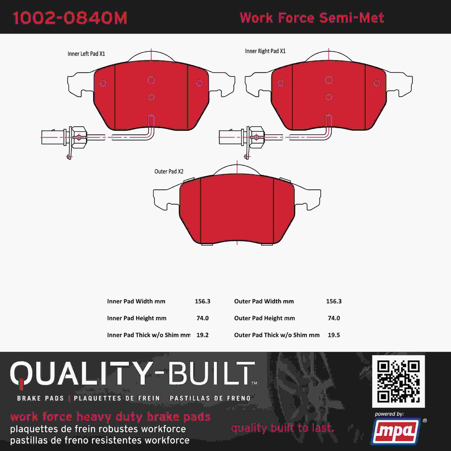 Quality-Built Quality-Built Work Force Heavy Duty Brake Pads w/ Hardware 1002-0840M