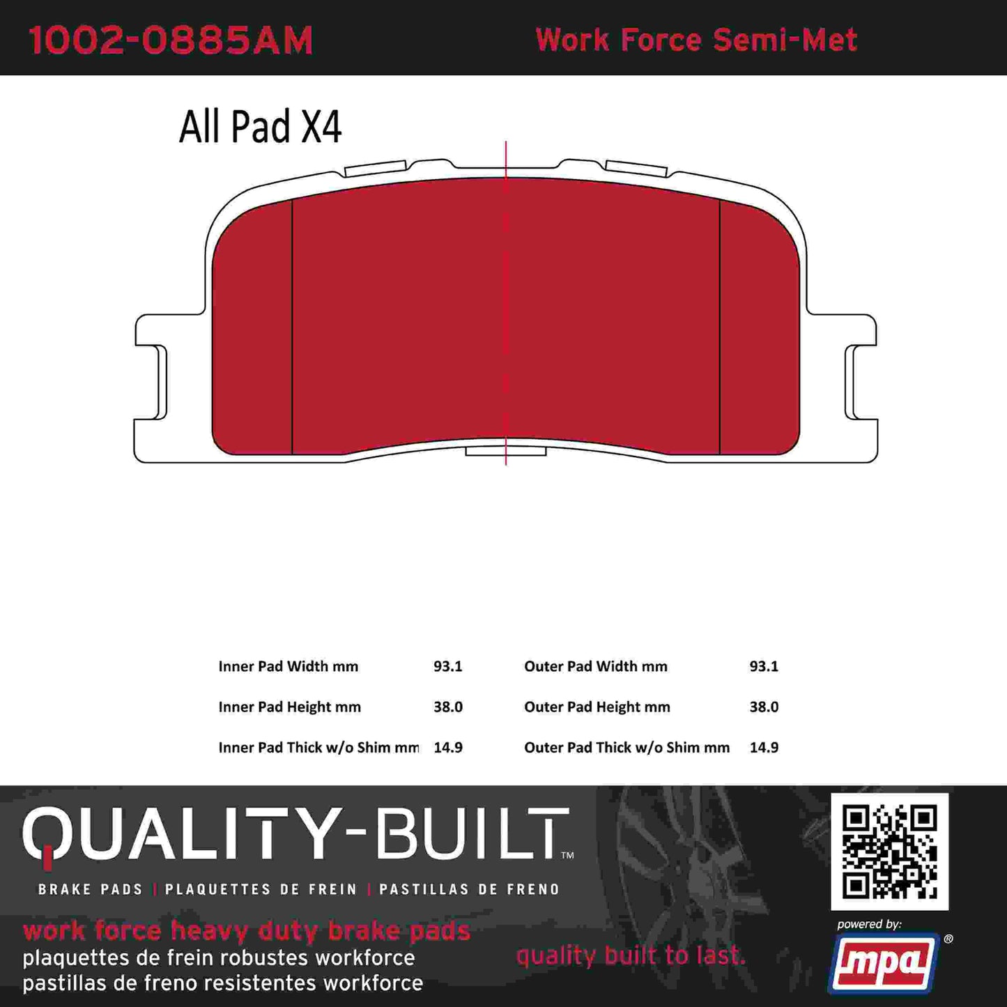 Quality-Built Quality-Built Work Force Heavy Duty Brake Pads w/ Hardware 1002-0885AM