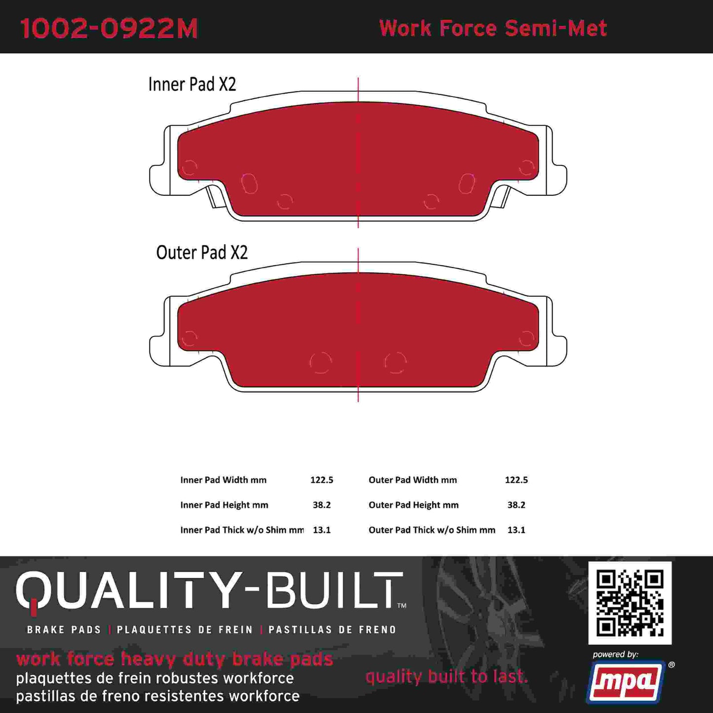 Quality-Built Quality-Built Work Force Heavy Duty Brake Pads w/ Hardware 1002-0922M