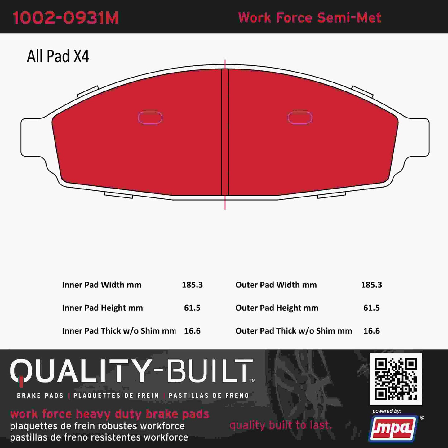 Quality-Built Quality-Built Work Force Heavy Duty Brake Pads w/ Hardware 1002-0931M
