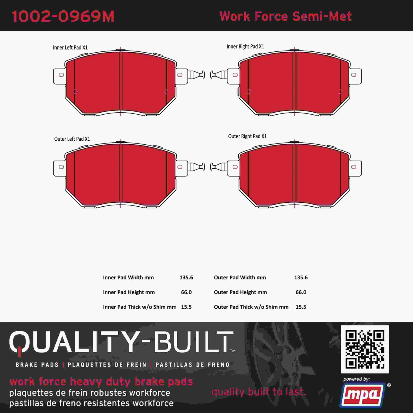 Quality-Built Quality-Built Work Force Heavy Duty Brake Pads w/ Hardware 1002-0969M
