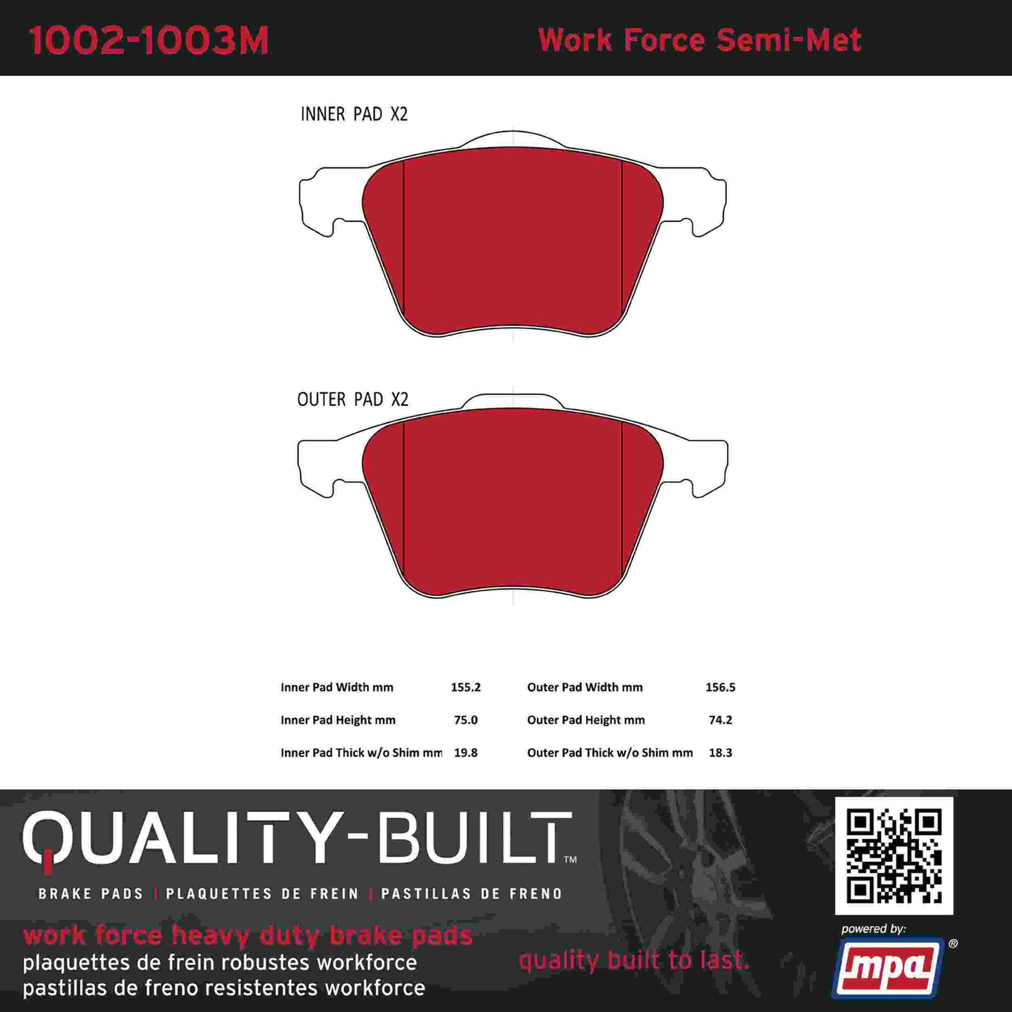 Quality-Built Quality-Built Work Force Heavy Duty Brake Pads w/ Hardware 1002-1003M