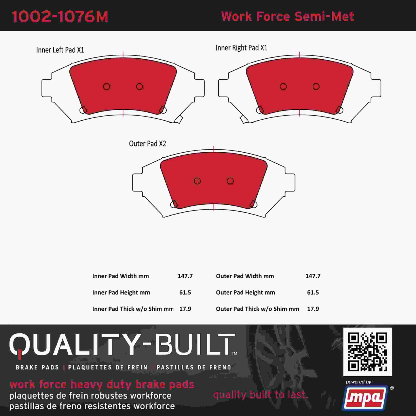 Quality-Built Quality-Built Work Force Heavy Duty Brake Pads w/ Hardware 1002-1076M