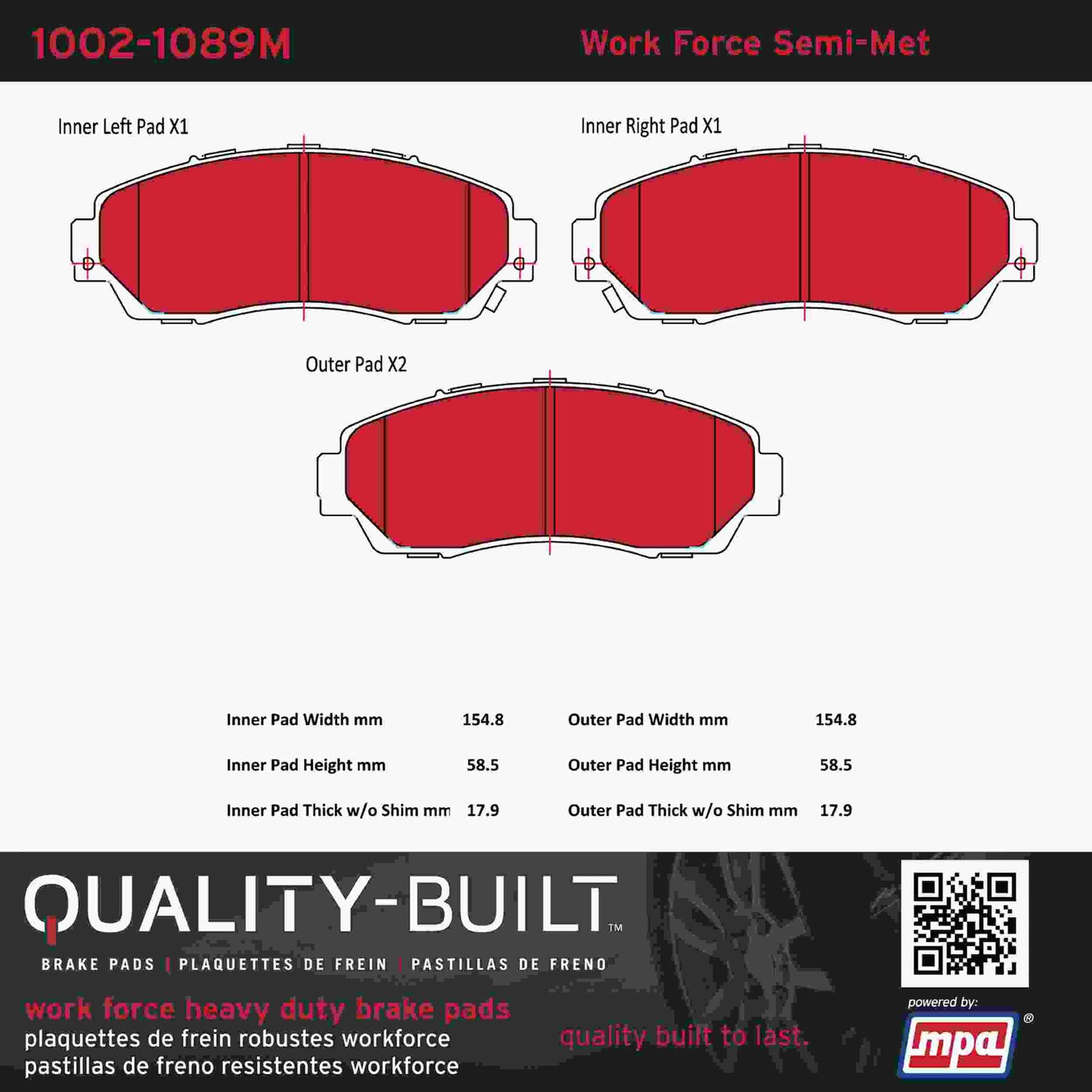 Quality-Built Quality-Built Work Force Heavy Duty Brake Pads w/ Hardware 1002-1089M