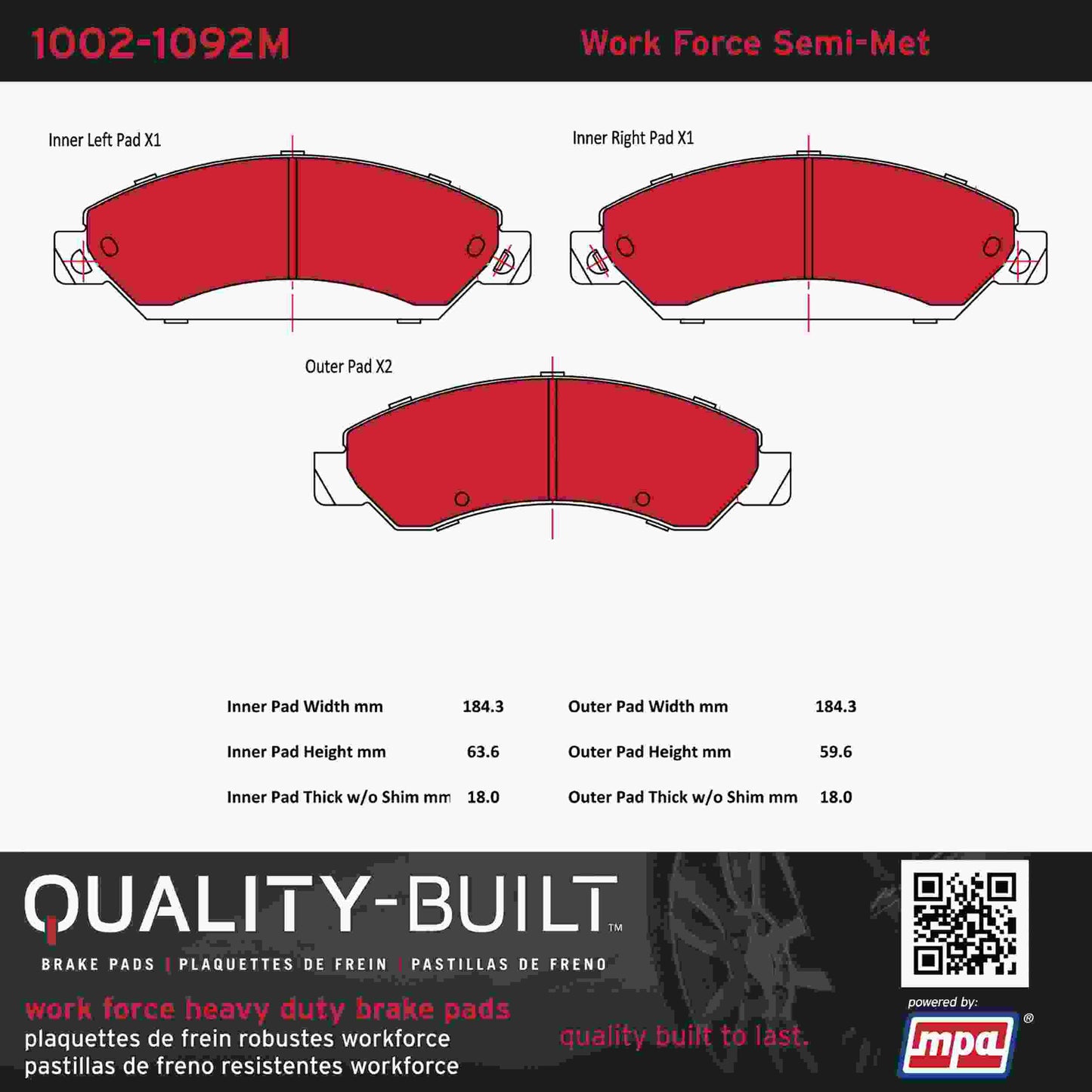Quality-Built Quality-Built Work Force Heavy Duty Brake Pads w/ Hardware 1002-1092M