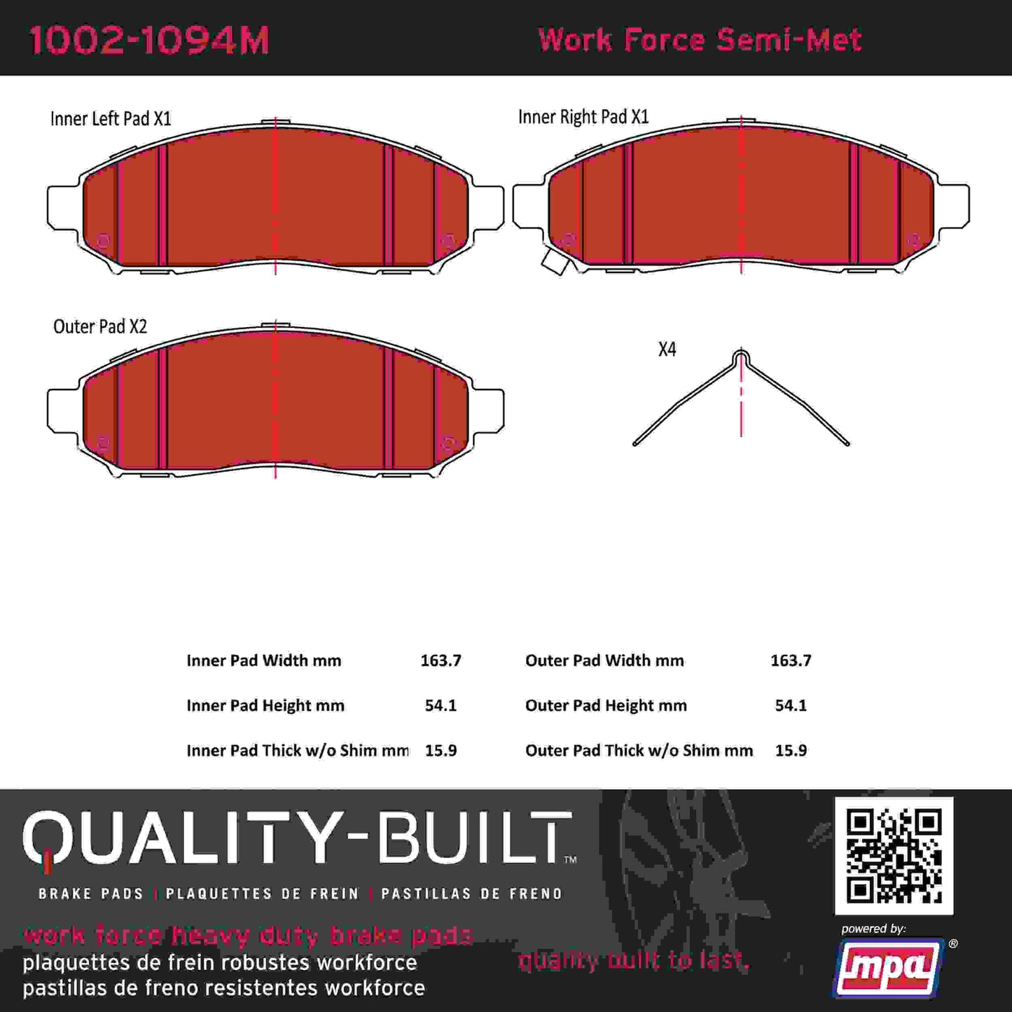 Quality-Built Quality-Built Work Force Heavy Duty Brake Pads w/ Hardware 1002-1094M
