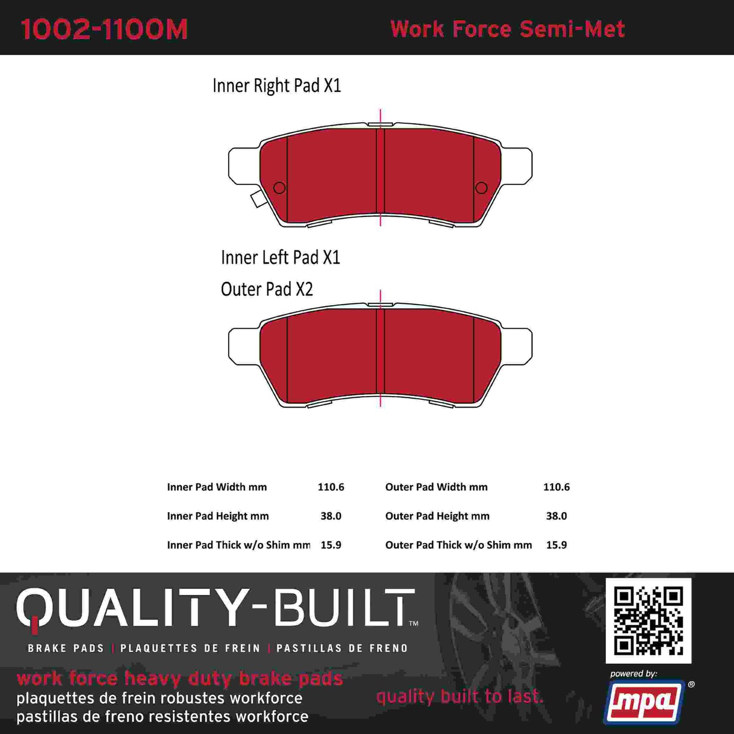 Quality-Built Quality-Built Work Force Heavy Duty Brake Pads w/ Hardware 1002-1100M