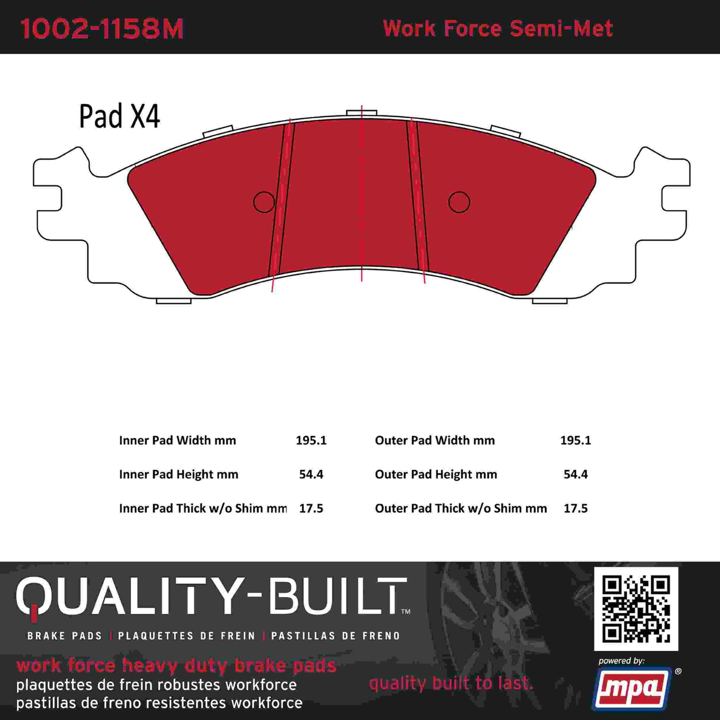 Quality-Built Quality-Built Work Force Heavy Duty Brake Pads w/ Hardware 1002-1158M