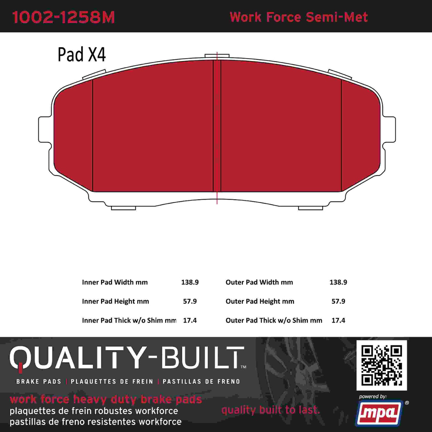 Quality-Built Quality-Built Work Force Heavy Duty Brake Pads w/ Hardware 1002-1258M