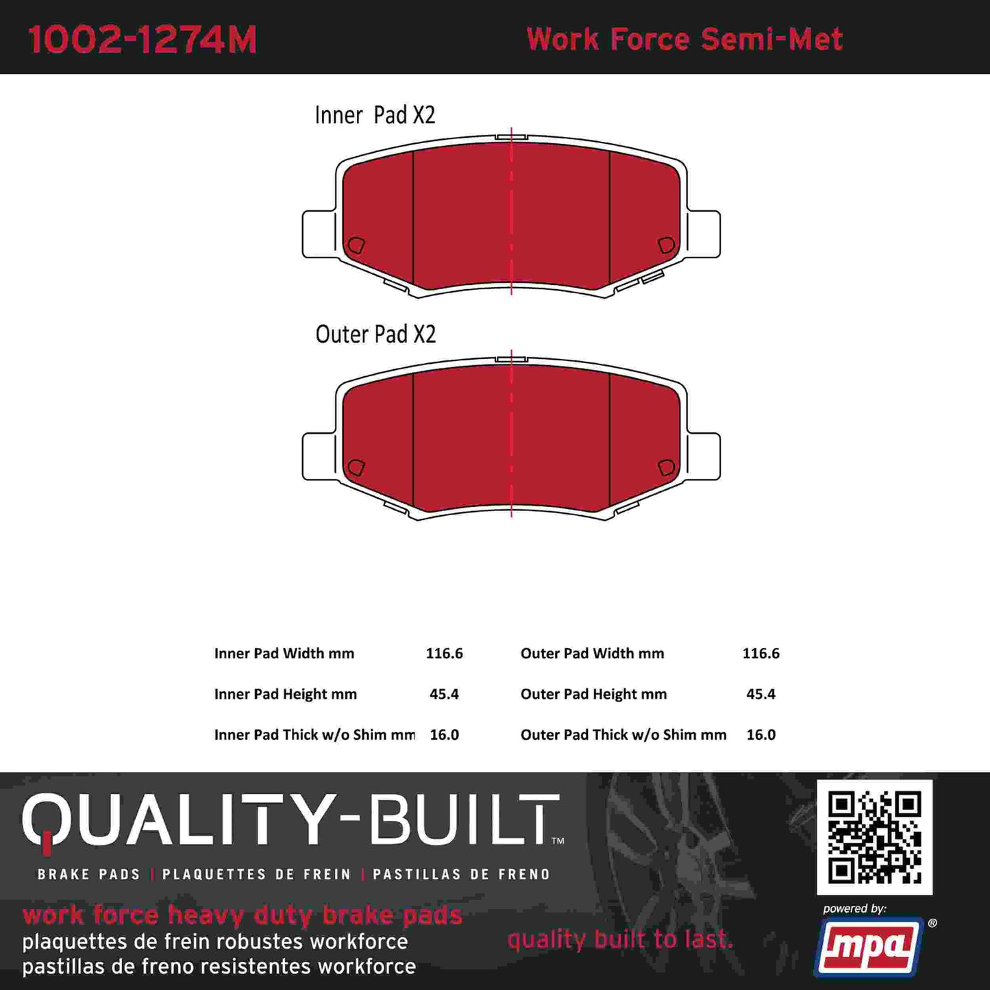 Quality-Built Quality-Built Work Force Heavy Duty Brake Pads w/ Hardware 1002-1274M