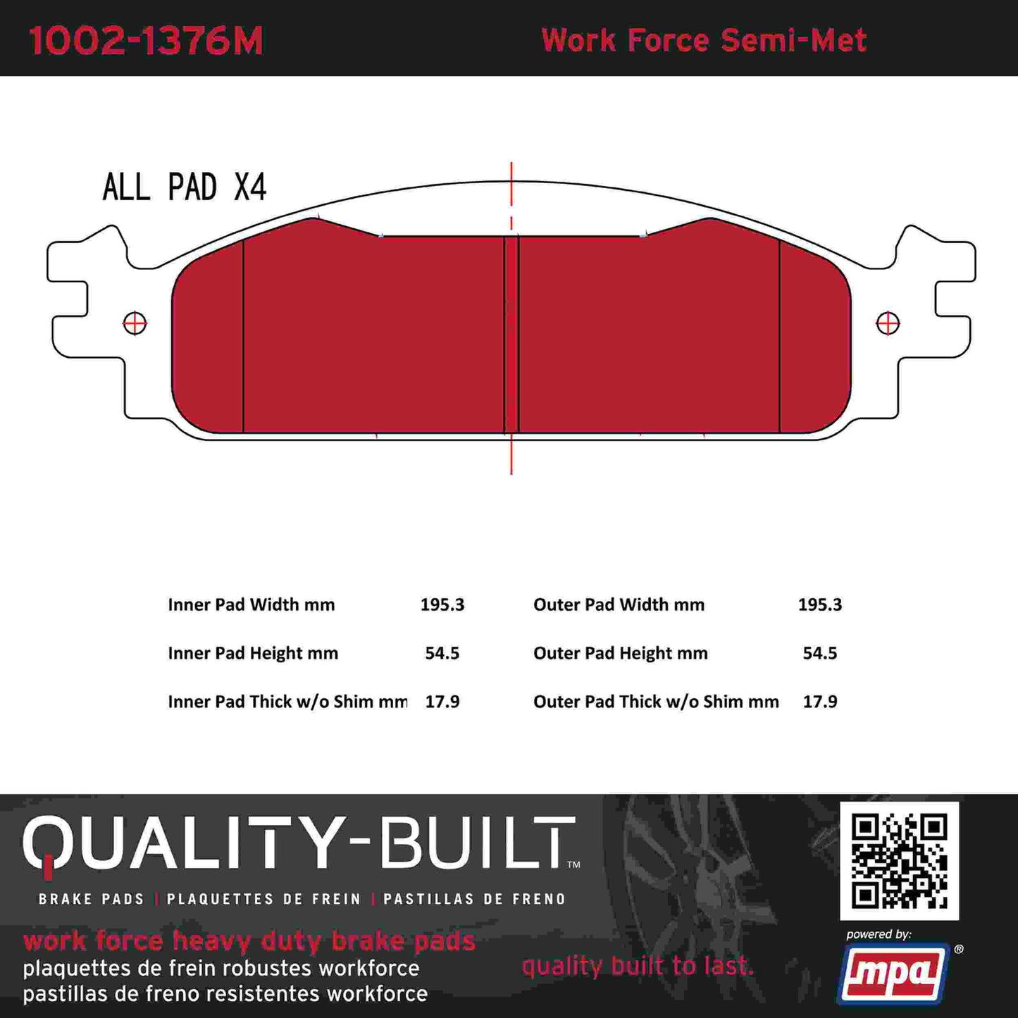 Quality-Built Quality-Built Work Force Heavy Duty Brake Pads w/ Hardware 1002-1376M